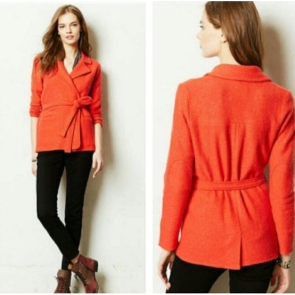 Sparrow Anthropologie 100% Wool Wrap Jacket Belted Cardigan Coatigan OrangeRed M - Picture 2 of 15